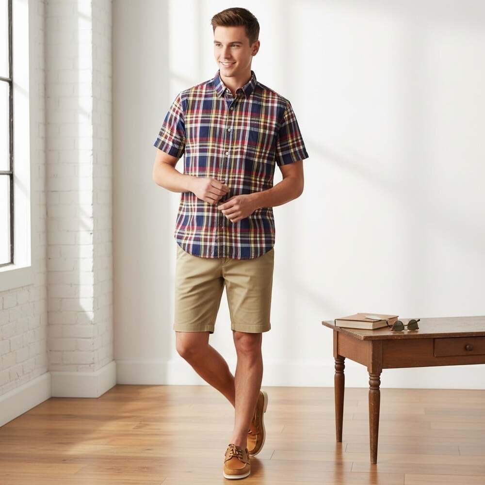Hawker Rye Double Cloth Madras Plaid Shirt Men XL Regular Fit Short Sleeve